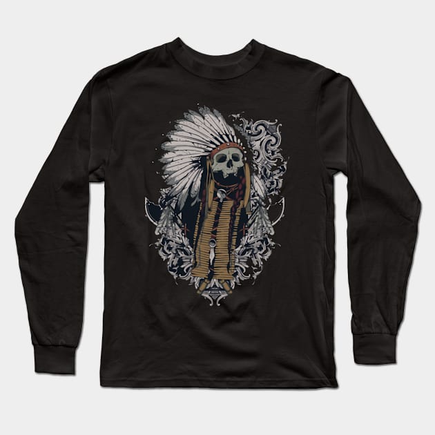 Head of Skull Indian Illustration Long Sleeve T-Shirt by asokabudaya